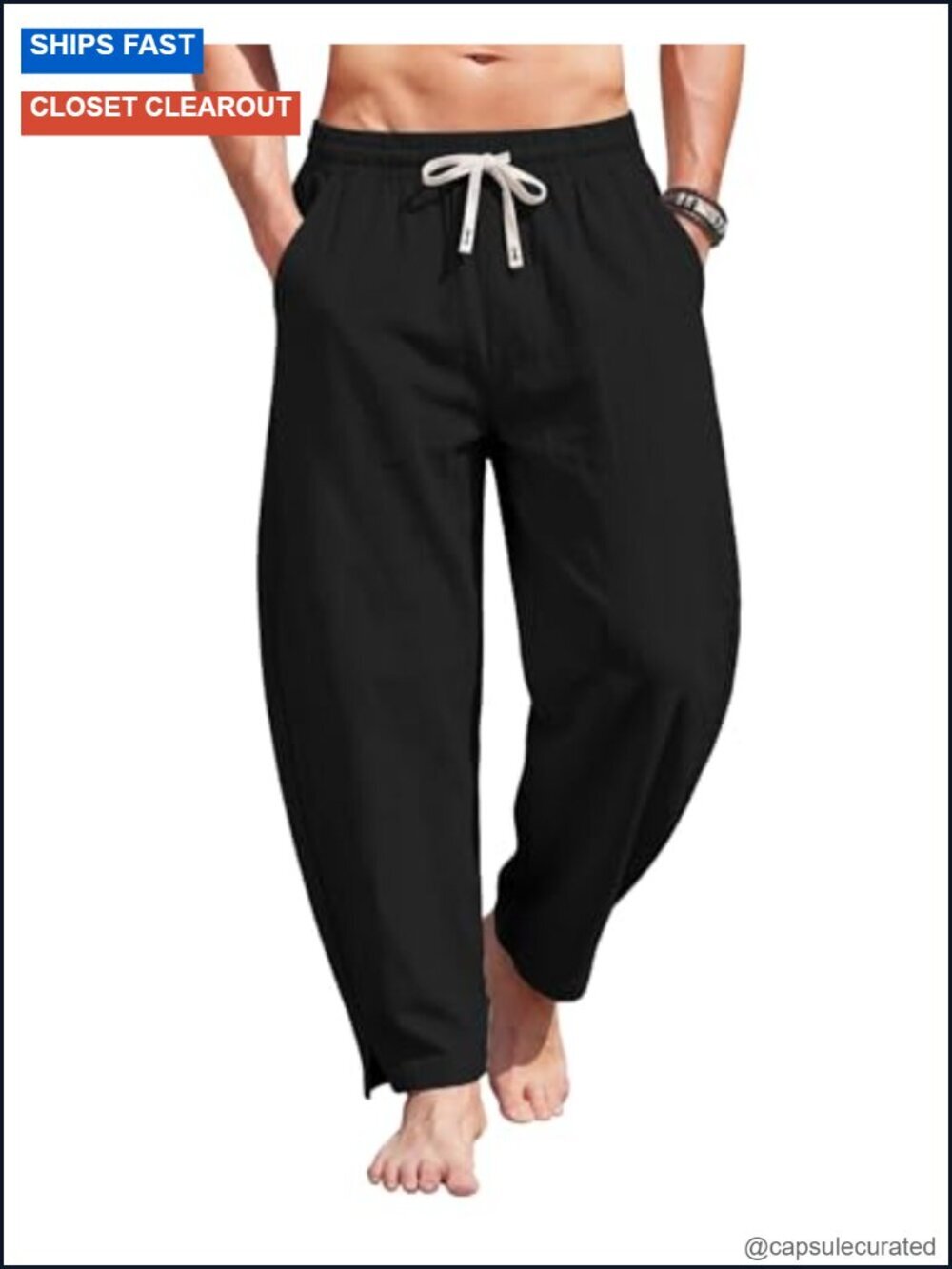 Men's Cotton Linen Ankle Pants Loose Fit Elastic Waist Drawstring Deep Pockets